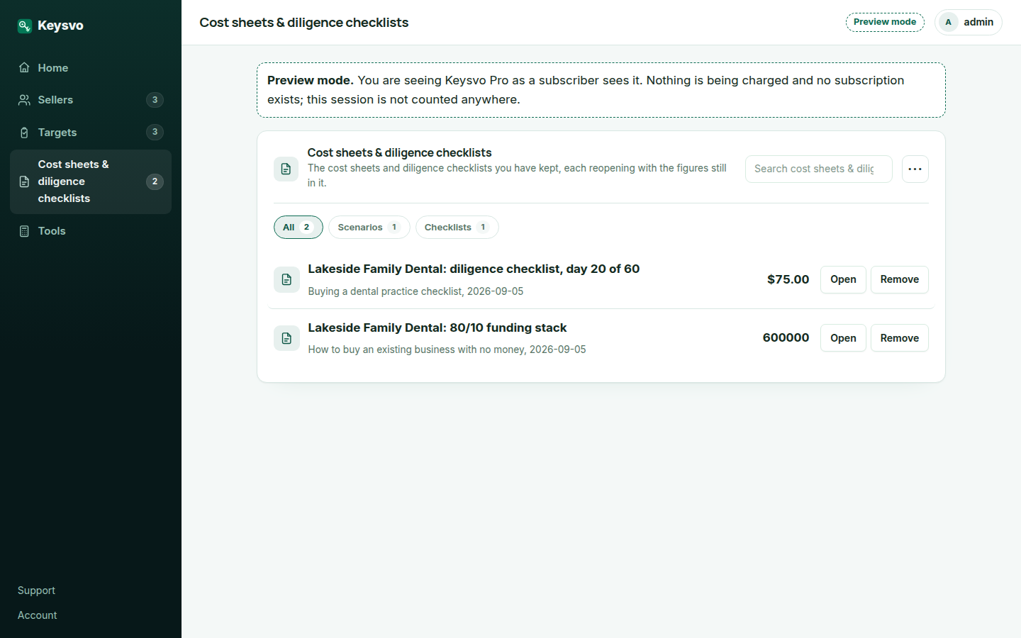 The Keysvo workspace showing a dental practice target's kept checklist sheet, with the documents requested and received, the days left to closing and the price ratios saved beside the target.